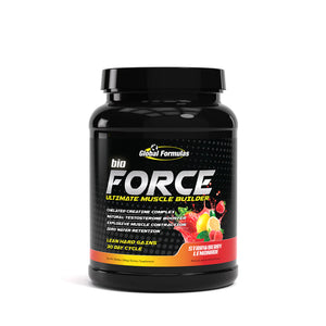 Black supplement bottle labeled 'Bio Force Ultimate Muscle Builder' on a white background