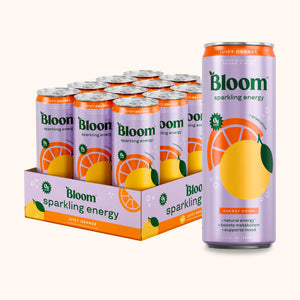 Case of Bloom sparkling energy drinks with a focus on the can design.