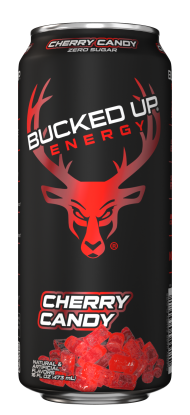 Bucked Up Energy Cherry Candy can on a white background