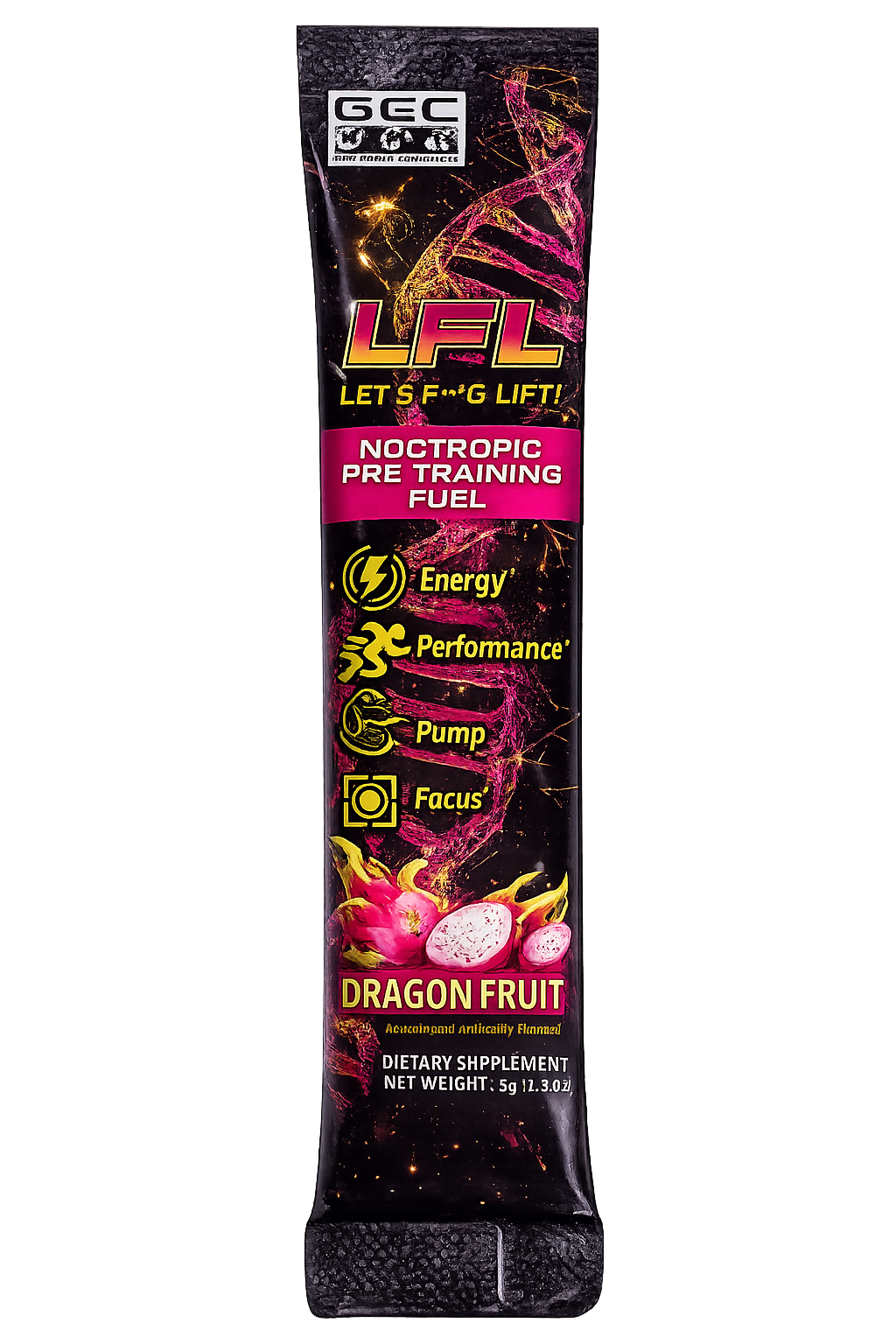 A single-serving stick pack of GEC LFL Notropic Pre Training Fuel in Dragon Fruit flavor. The packaging is black with vibrant pink, yellow, and red graphics, including a dragon fruit illustration at the bottom.