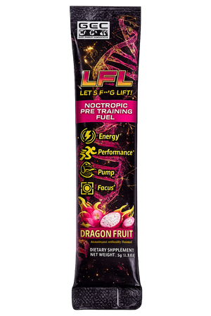 A single-serving stick pack of GEC LFL Notropic Pre Training Fuel in Dragon Fruit flavor. The packaging is black with vibrant pink, yellow, and red graphics, including a dragon fruit illustration at the bottom.
