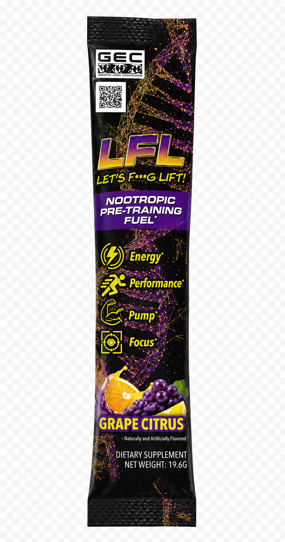 A single-serving stick pack of GEC LFL Notropic Pre Training Fuel in Dragon Fruit flavor. The packaging is black with vibrant pink, yellow, and red graphics, including a dragon fruit illustration at the bottom.