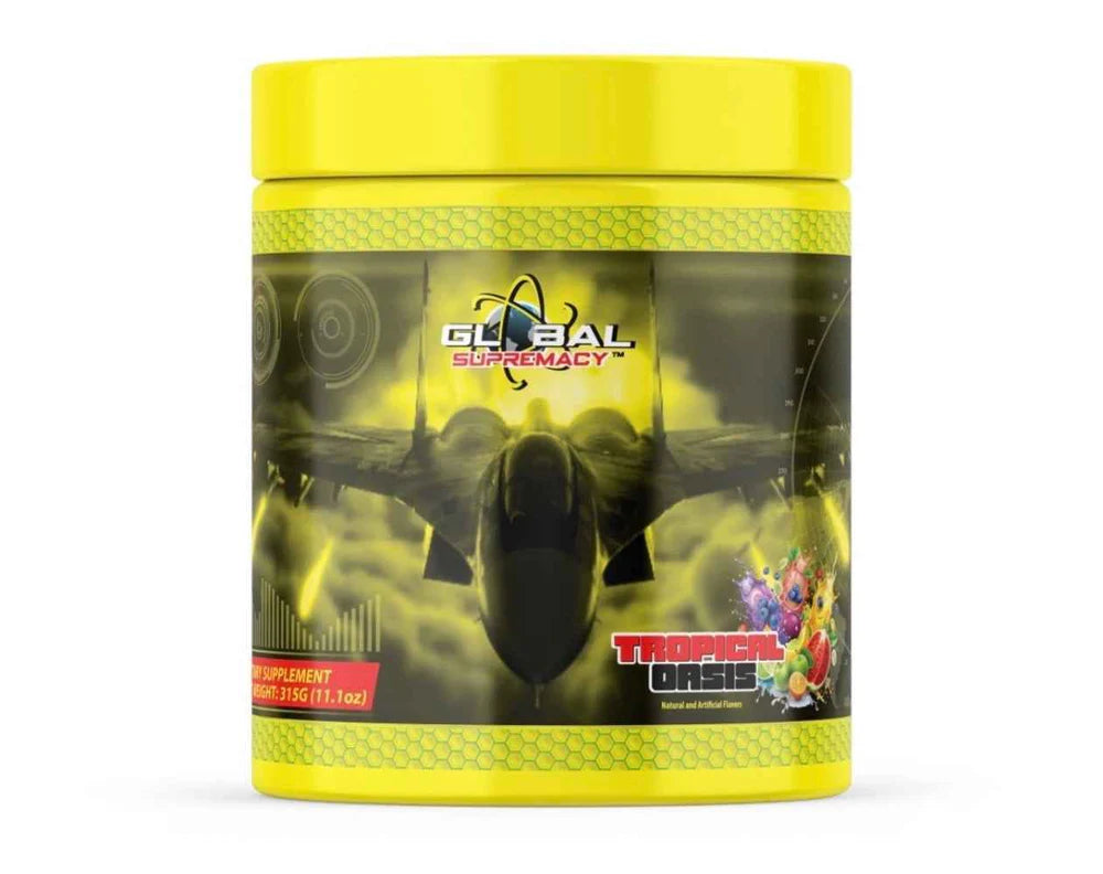 Supplement container with yellow lid and black design featuring an airplane and 'Global Supremacy' branding.