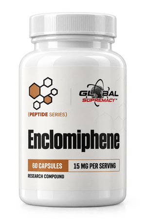 white bottle saying Global Supremacy Enclomiphene Peptide