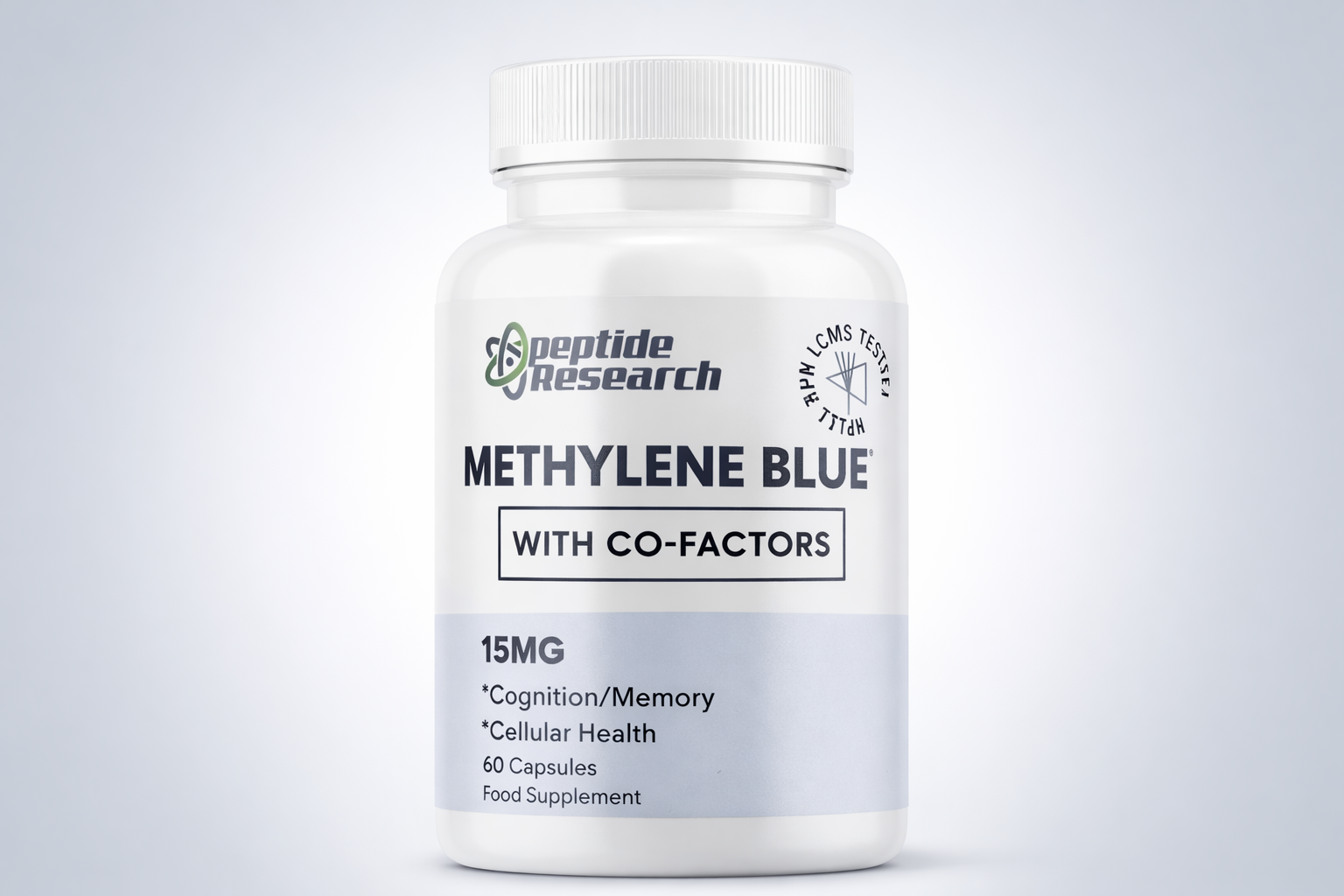 Supplement bottle labeled 'Methylene Blue with Co-Factors' by Peptide Research on a light gray background