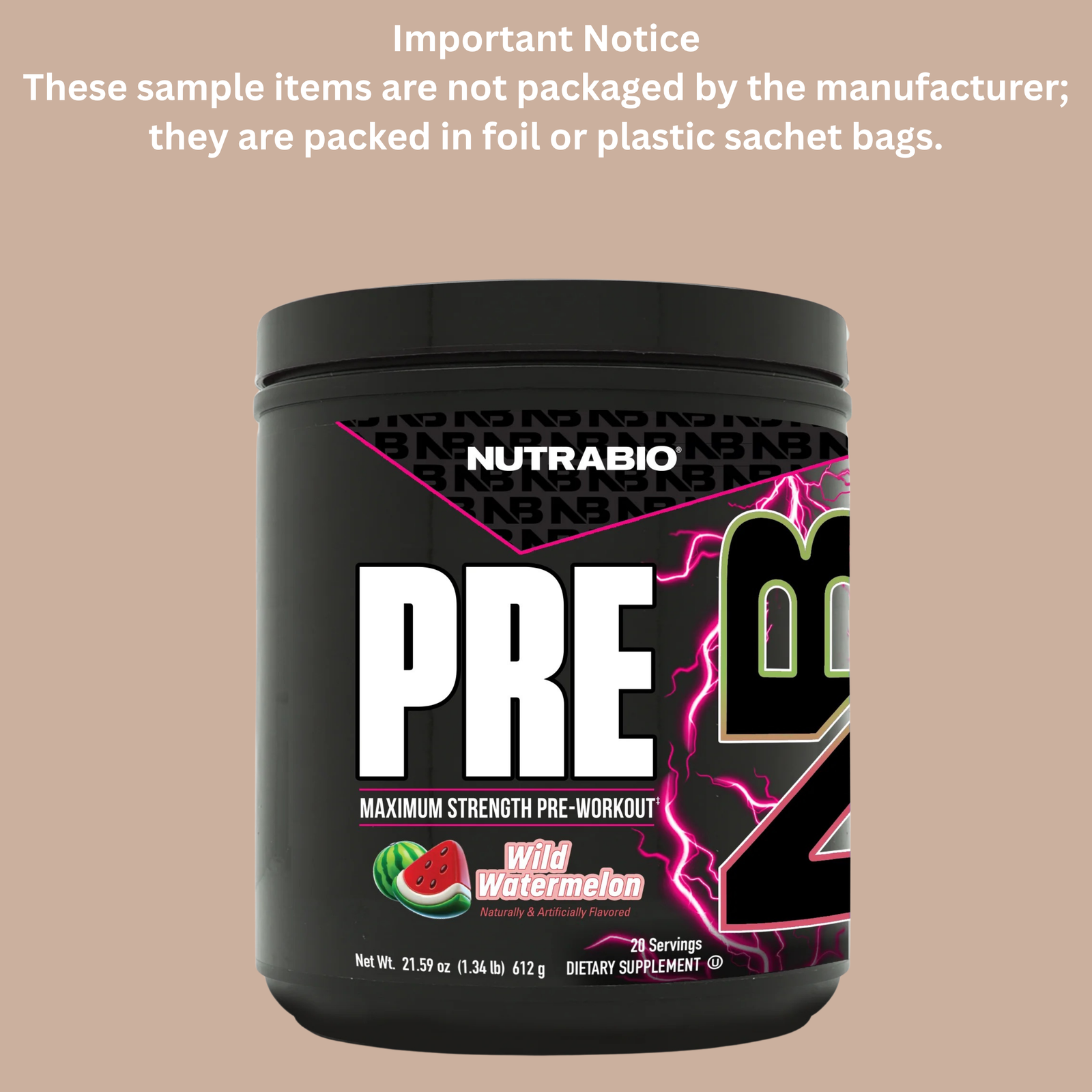 NutraRIO PRE R2 supplement package on a beige background with text about packaging.