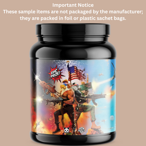 Black container with colorful label featuring action figures and text on a beige background