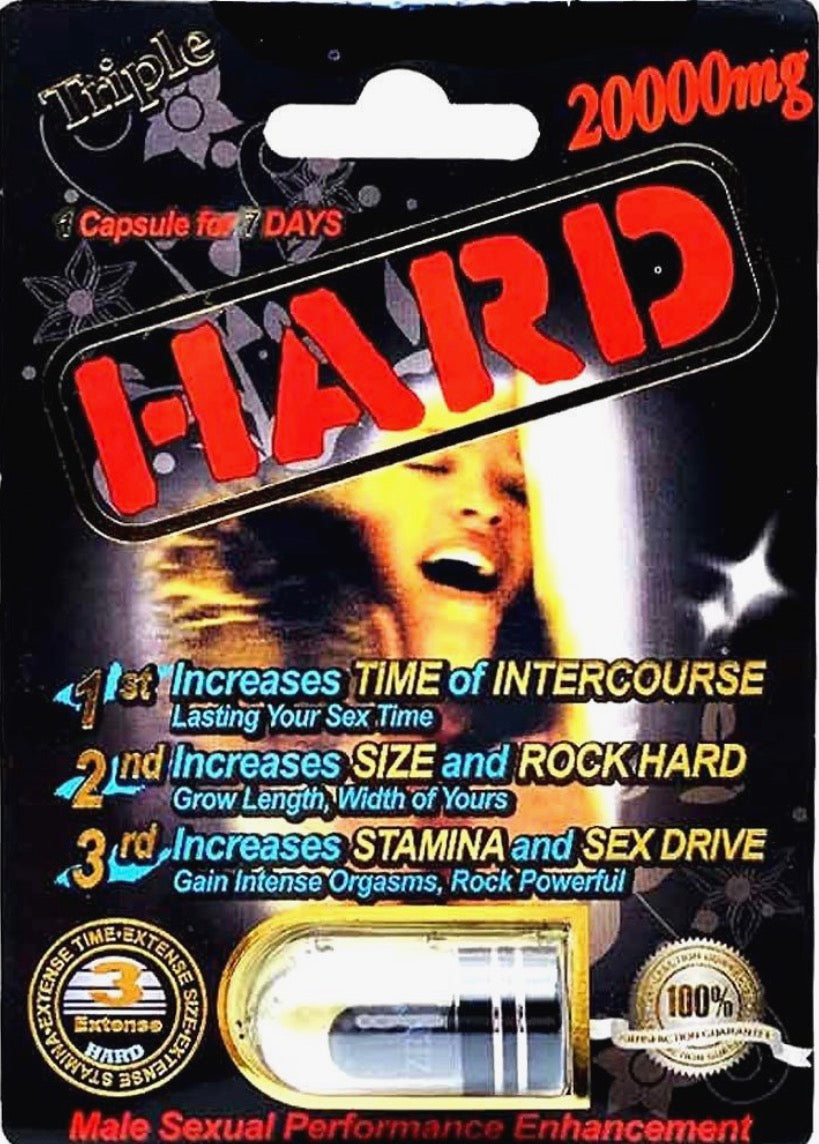 Package of 'HARD' male sexual performance enhancement product with claims on packaging.