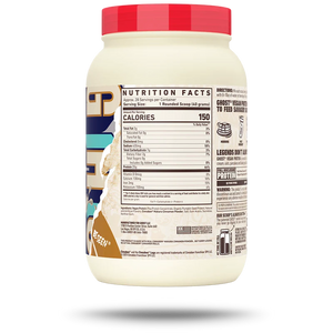 A tub of Keren brand protein powder, shown from the back to display the nutrition facts label and ingredients. The container is off-white with a bright red lid and features a brown and blue graphic design on the left side of the label.