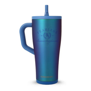 Blue insulated mug with handle and straw lid on a white background