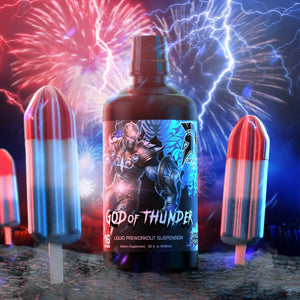 Bottle labeled 'God of Thunder' with colorful popsicles and fireworks in the background
