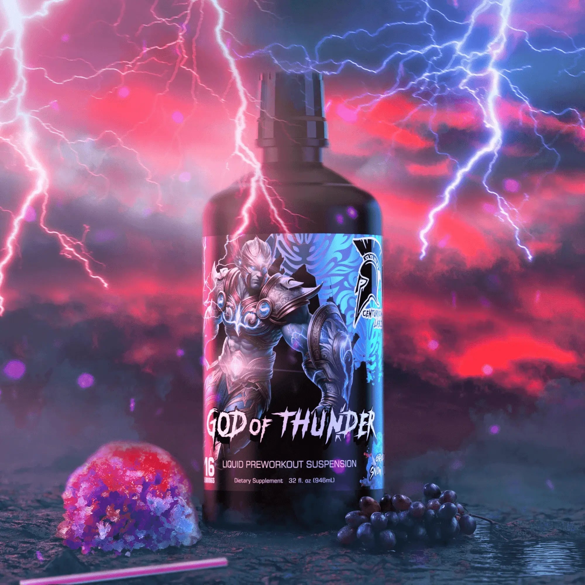 Bottle labeled 'God of Thunder' with a fantasy design, surrounded by fruits and a dramatic background.