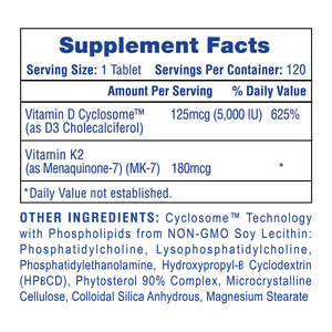 Supplement facts label for a vitamin D and K2 supplement on a white background