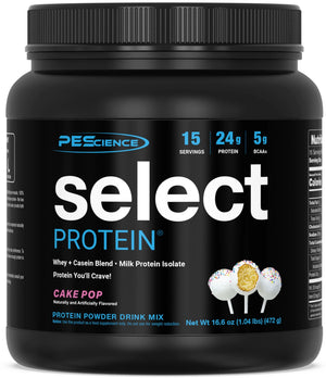 Black container of PEScience Select Protein with cake pop flavor on a white background