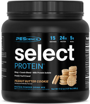 Black container of PEScience Select Protein Powder with peanut butter cookie flavor on a white background