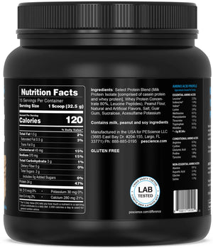 Close-up of the back label of a black plastic tub of protein powder, showing nutrition facts, ingredients, amino acid profile, and a blue lab-tested seal.
